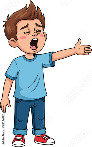 Tired, Bored, or Yawning Little Boy Cartoon Character Vector Illustration Standing with Mouth Open and Hand Stretched Out, Expressing Exhaustion, Sleepiness, Fatigue, or Needing Attention.