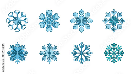 collection of eight unique snowflake illustrations with intricate designs
