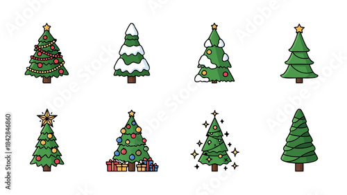 Collection of Festive Christmas Tree Icons with Decorations