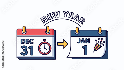 Illustrated Calendar Depicting the Annual Transition from New Year's Eve Countdown to New Year's Day Celebration