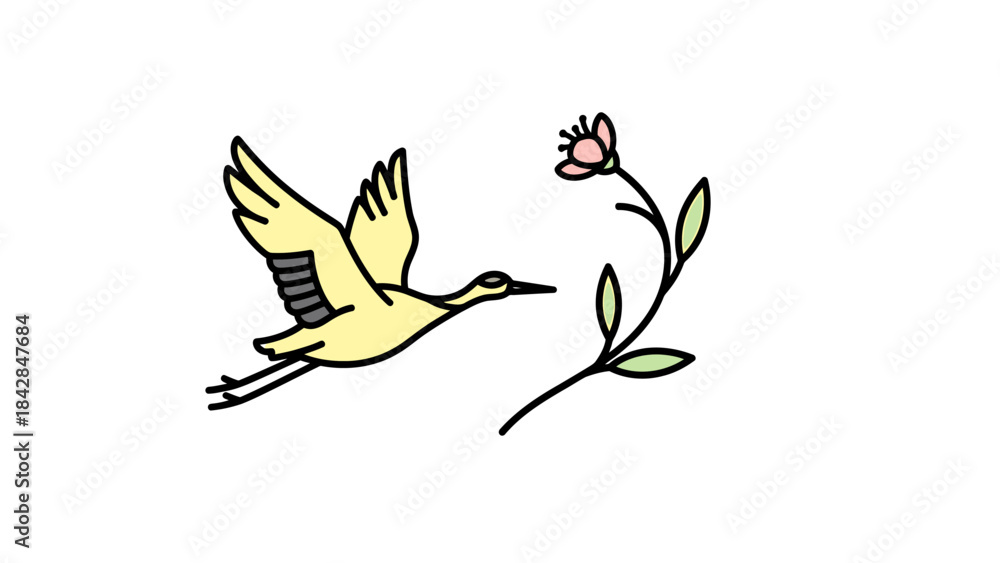 Obraz premium Elegant Illustration of a Hummingbird Flying Towards a Delicate Pink Flower with Green Leaves, Perfect for Nature, Wildlife, and Botanical Themes