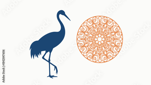 Elegant Blue Heron Standing with Intricate Ornamental Wheel in Modern Design Art