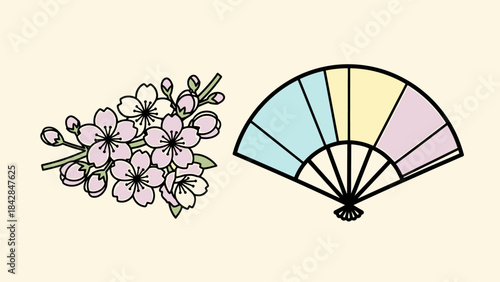 Elegant Cherry Blossom Branch and Traditional Fan Illustration for Cultural and Seasonal Designs