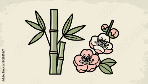 Elegant Illustration of Bamboo and Cherry Blossom Branches for Nature, Lifestyle, and Wellness Themes