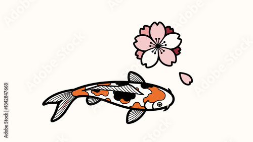 Elegant Illustration of a Koi Fish and Cherry Blossom Blossom in Minimalist Style for Nature and Cultural Themed Design