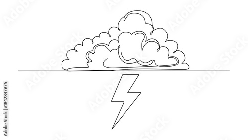 Minimalist single line art drawing of a stormy cumulus cloud and a powerful lightning strike