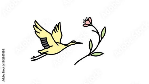 Elegant Illustration of a Hummingbird Flying Towards a Delicate Pink Flower with Green Leaves, Perfect for Nature, Wildlife, and Botanical Themes