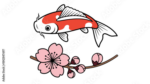 Elegant Koi Fish with Cherry Blossom Branch: Traditional Japanese Culture and Nature Art Scene