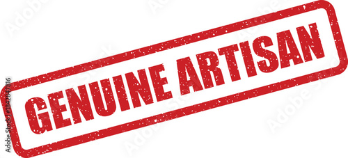 Distressed rectangular rubber stamp mark displaying GENUINE ARTISAN for validating handmade goods and skilled craftsmanship