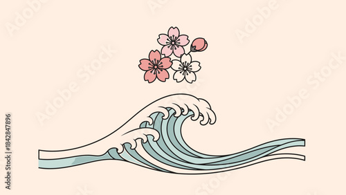 Minimalist Illustration of a Pink Cherry Blossom Branch and Ocean Wave in Soft Pastel Tones for Elegant Nature-themed Design