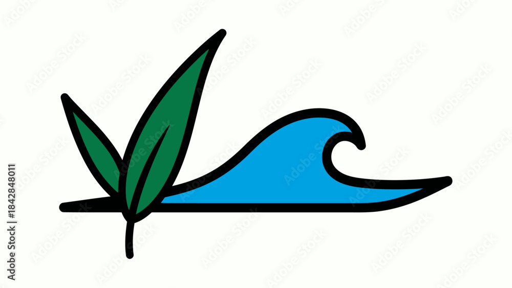 Fototapeta premium Minimalist Line Art Illustration of a Leaf and Water Wave for Nature-Themed Designs