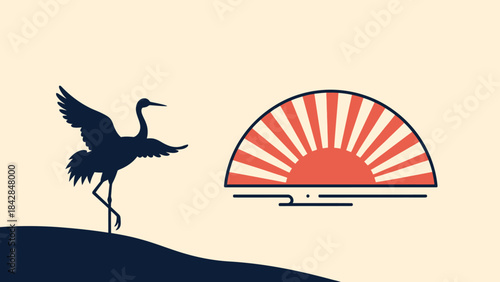 Silhouette of a Crane Bird Standing on a Hill at Sunset with Radiant Sun Rays in the Background