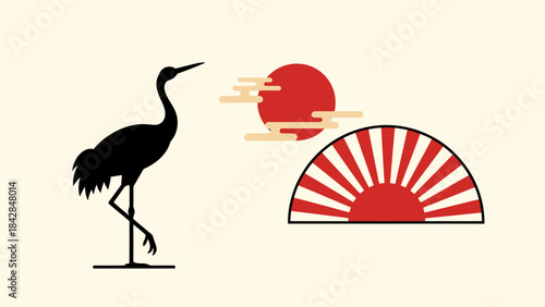 Silhouette of a Crane Bird at Sunset with Rising Sun and Traditional Fan in Minimalist Style