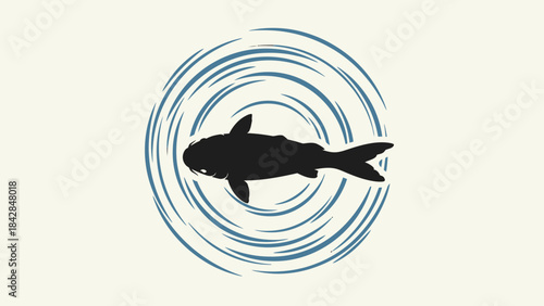 Silhouette of a Fish Swimming in Circular Ripples on Water Surface, Minimalist Underwater Scene for Marine and Nature Themes