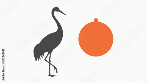 Silhouette of a Heron with a Red Balloon Against a White Background, Symbolic Wildlife and Celebration Concept