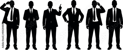 Businessmen Silhouettes in Various Poses Representing Professional Attitudes, Corporate Gestures, and Executive Body Language on White Background Vector Illustration