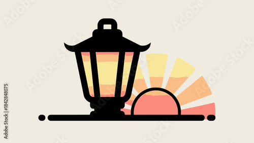 Stylish Retro-inspired Sunset Scene Featuring a Classic Lantern and Vibrant Sun Rays for Outdoor or Sunset-Themed Projects