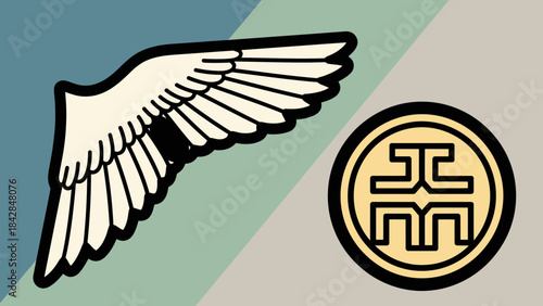 Stylized Angel Wing and Traditional Chinese Coin Emblem in Modern Design for Spiritual and Cultural Themes