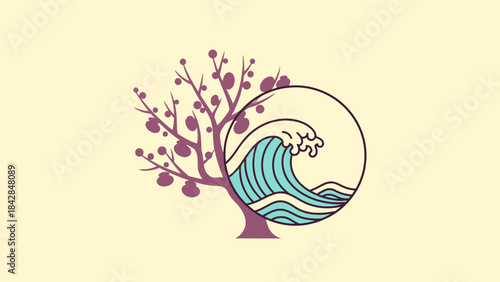 Stylized Artistic Illustration of a Blooming Tree with a Circular Ocean Wave Design, Perfect for Nature, Environment, and Growth Themes in Creative Projects