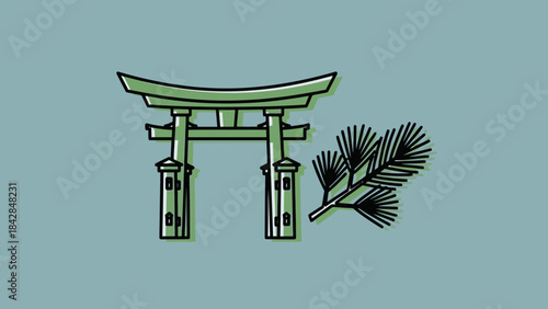 Stylized Illustration of a Traditional Japanese Torii Gate with Pine Branch Accent, Perfect for Cultural, Spiritual, or Travel Themes