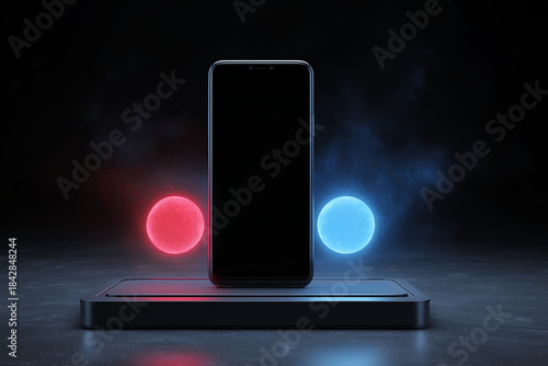 Sleek Device with Glowing Energy Orbs Hovering Over Dark Display