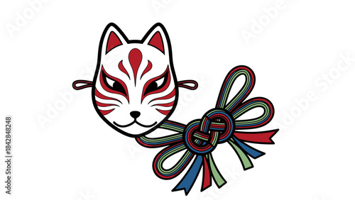 Stylized Japanese Kitsune Mask with Traditional Ribbon Bow Hair Ornament, Cultural Theme for Festivals and Artistic Projects