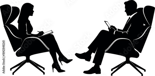 Professional consultation scene in modern chairs, therapist and client silhouette, minimal black and white vector for business and healthcare themes