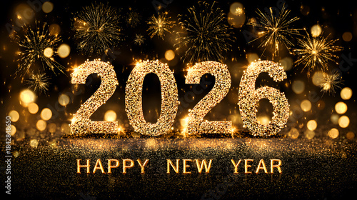 Happy new year 2026 glittery gold fireworks celebration