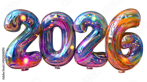 Shiny colorful balloons in the shape of 2026 isolated on transparent background