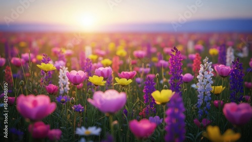 Fototapeta Naklejka Na Ścianę i Meble -  Vibrant wildflower meadow at sunset with colorful blooms under a bright golden sky