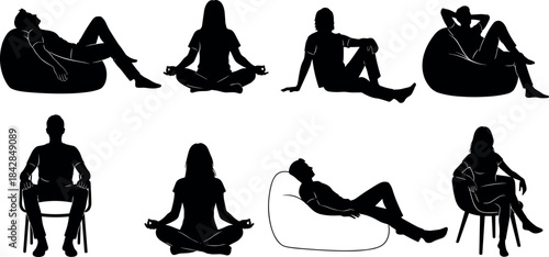 Silhouette people sitting relaxing in various poses on chairs and bean bags for meditation, comfort, lifestyle, and ergonomic concepts.