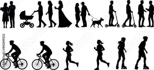 Silhouette vector of people walking, jogging, cycling, talking, rollerblading, scootering, parenting, pet walking, social interaction, urban lifestyle illustration
