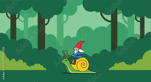 Whimsical forest scene with a child riding a giant snail through lush green trees and foliage adventure isolated on white background