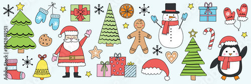 Collection of cartoon Christmas ornaments. Holiday icons: Santa Claus, snowman, cookie and tree. Vector illustration