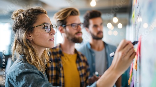 Creative Minds at Work: Capturing a moment of collaboration and innovation, a team of individuals is deeply immersed in brainstorming and strategizing ideas on a large whiteboard. 