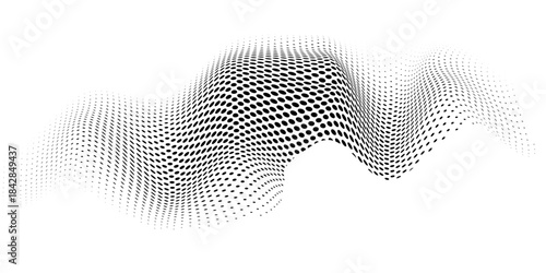 Flowing dots particles wave pattern 3D curve halftone black gradient curve shape isolated on white background. Vector in concept of technology, science, music, modern vector wave eps 10