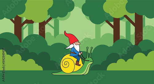 Whimsical forest gnome rides bright yellow snail through lush green woodland scenery isolated on white background