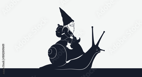 Whimsical gnome rides snail in enchanted forest scene with dark palette and mysterious atmosphere isolated on white background