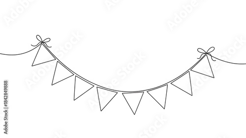 Continuous line art illustration of a festive triangular flag bunting garland with bows