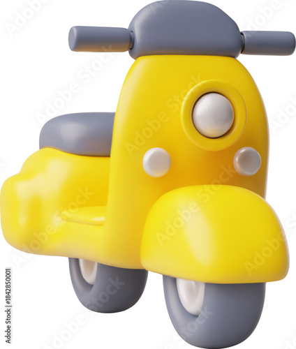 Yellow moped 3D cartoon plastic style vector icon, motorbike transport, volume toy, touristic travel two-wheel vehicle