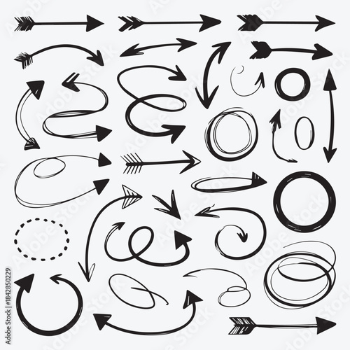 Hand Drawn Sketchy Black Arrows and Doodle Cirlces Vector Collection