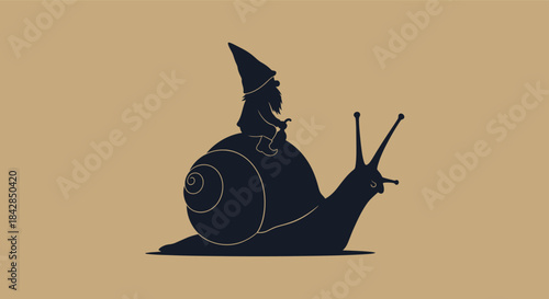 Whimsical snail silhouette wearing a tall pointed hat and cape on a textured beige background symbolizing enchantment and fantasy isolated on white background