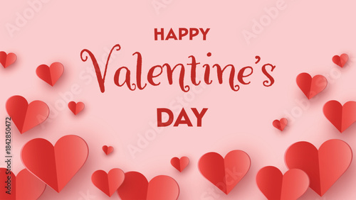 Happy Valentine’s Day greeting card with flying paper cut hearts. Vector illustration