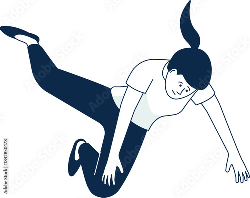 A girl is falling and her hair is in a ponytail