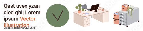Productivity, organization, workplace design, task completion, minimalism, file management. Workspace with a desk and file cabinets alongside a checkmark. Productivity and organization concept