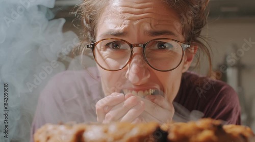 Funny candid photo of a frustrated person staring at a comically failed baking attempt, with a burnt collapsed cake or misshapen cookies on the kitchen counter.
