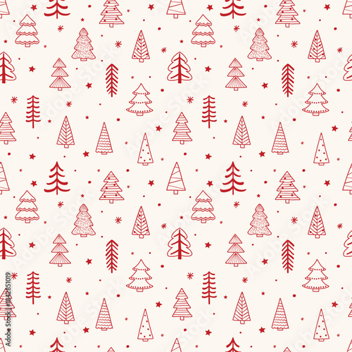 Colourful Christmas seamless pattern with cartoon trees and snowflakes. Wallpaper design. Vector illustration