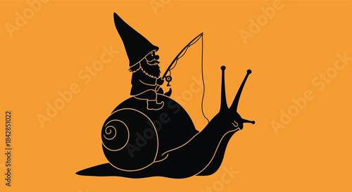 Whimsical wizard snail riding a shell on an orange background silhouette art fantasy character isolated on white background