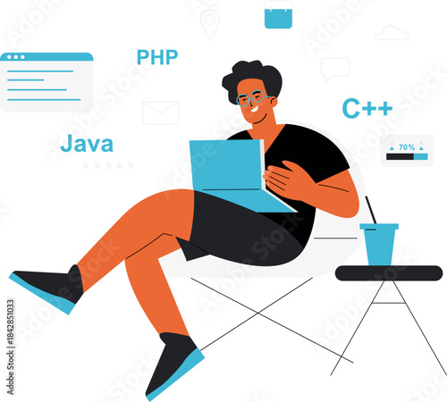 A man is sitting on a chair with a laptop in front of him