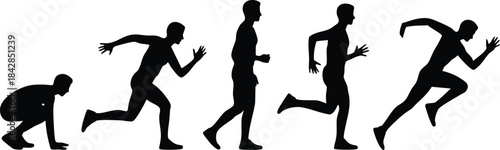 Five Stages of Running, five stages of human movement, illustration, vector, silhouette.